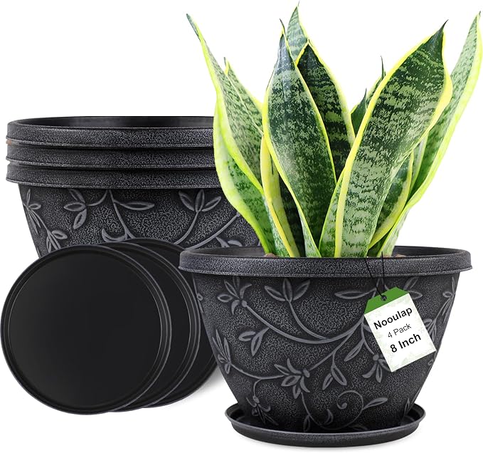 4 Pack 8 Inch Flower Pots for Outdoor Indoor, Plastic Plant Pots by Nooulap