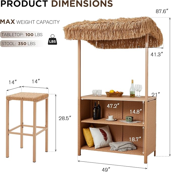 HOMREST Outdoor Tiki Bar Set, 3 Pieces Wicker Patio Bar Set w/2 Height Stools - Image 5