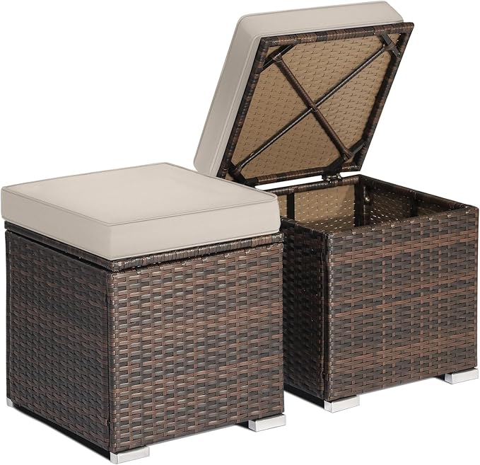 RELAX4LIFE Wicker Outdoor Storage Ottoman, 2-Piece Rattan Footstool w/Removable by RELAX4LIFE