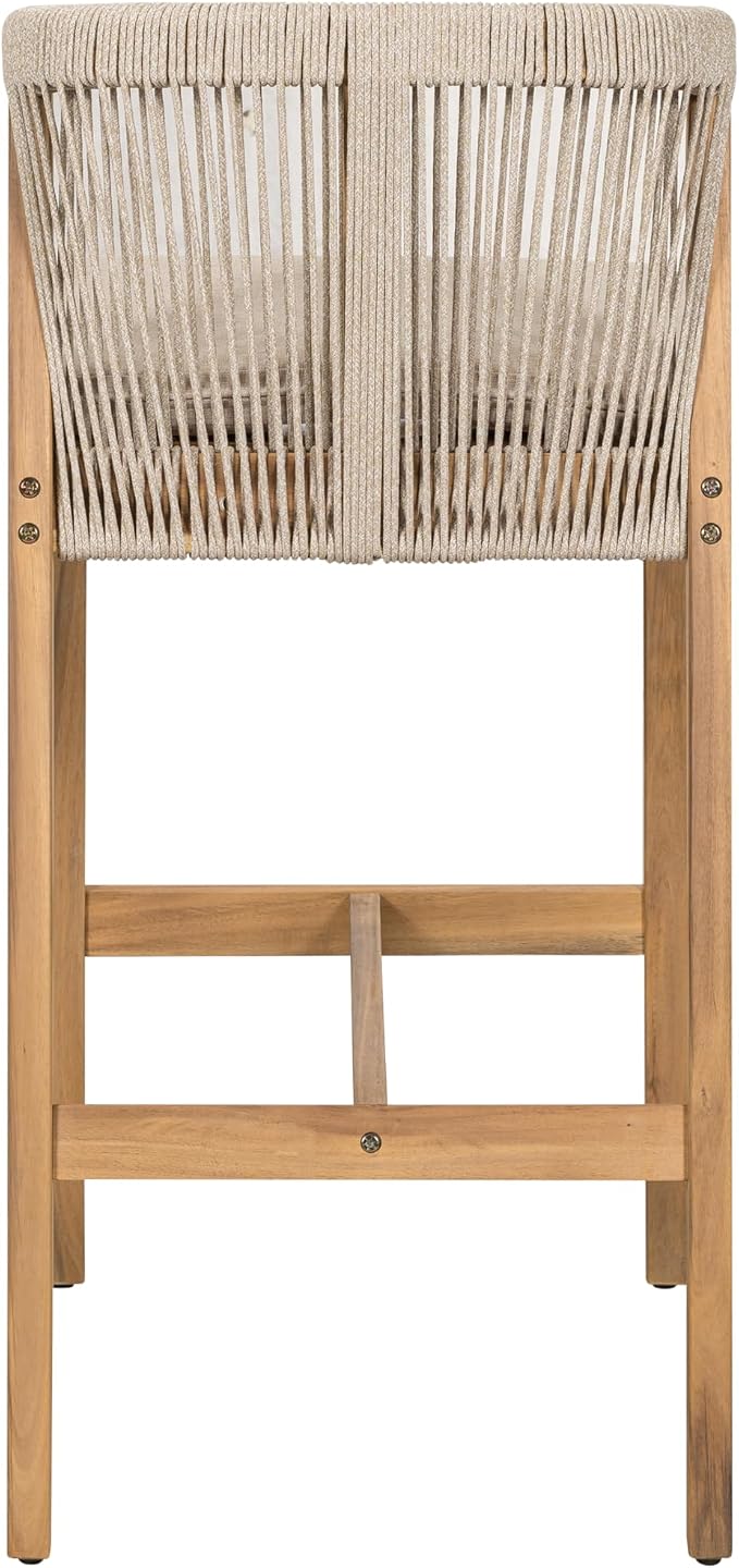 Merax Outdoor Bar Stools Set of 2, Heavy-Duty Boho Woven Barstools, Acacia Wood - Image 8