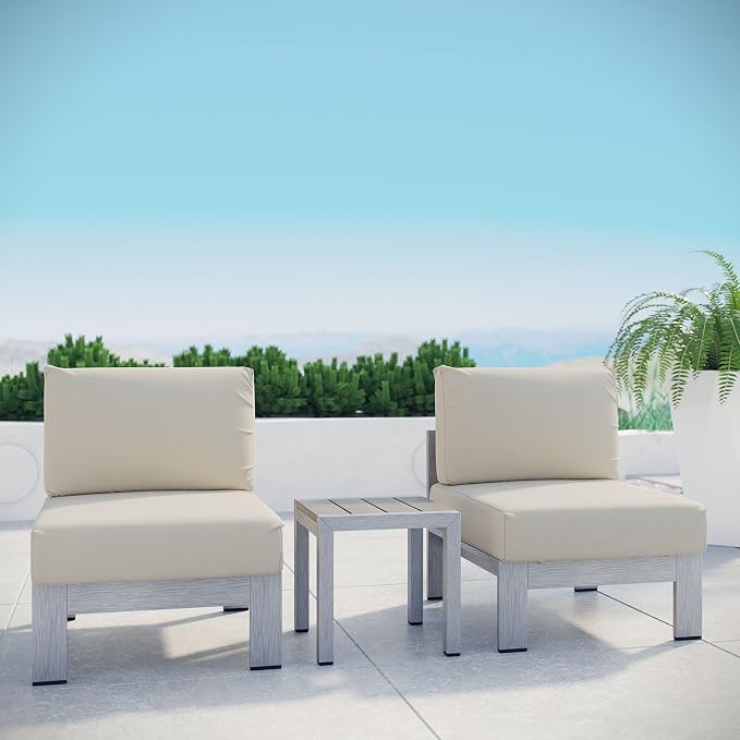 Modway Shore 3-Piece Aluminum Outdoor Patio Furniture Set in Silver Beige - Image 8