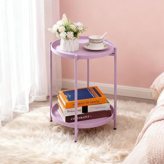 HollyHOME 2-Tier Round Side Table, Outdoor Small Folding Accent Stand - Image 6