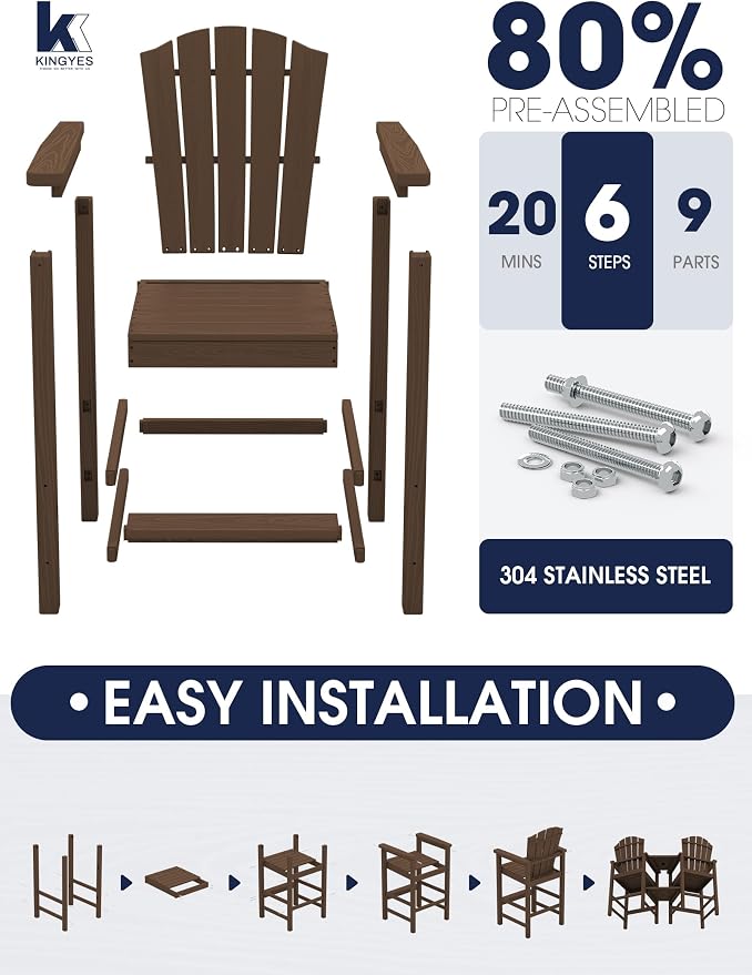 KINGYES Tall Adirondack Chair Set of 2, HDPE Tall Adirondack Barstools - Image 5
