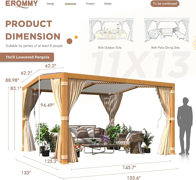 EROMMY Louvered Pergola 11'x13' Outdoor Hard Top Mansard Roof Gazebo - Image 2