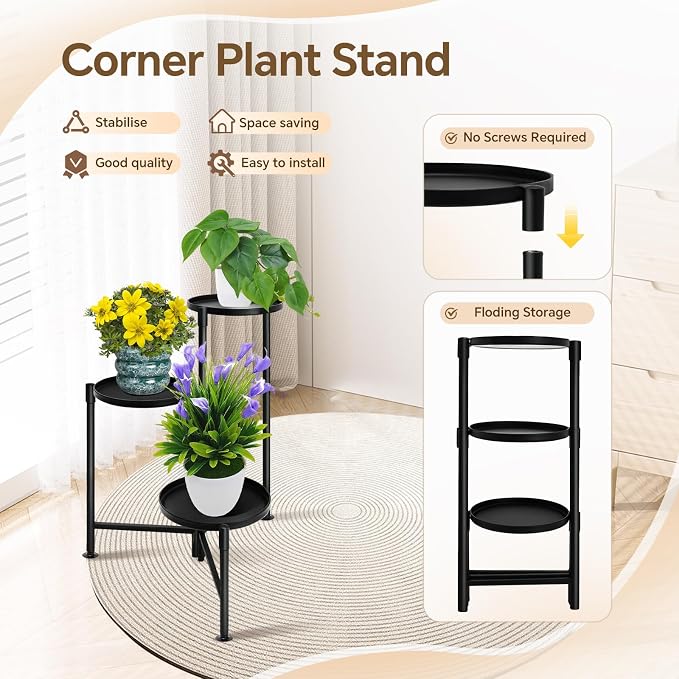 3 Tier Plant Stand Indoor, Metal Plant Shelf Outdoor, Foldable Corner Tall - Image 5