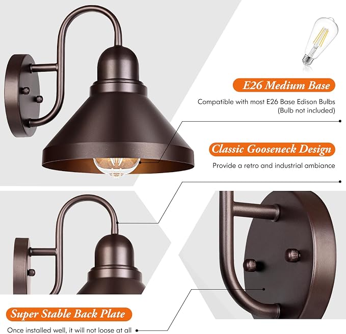 Brightever Gooseneck Porch Lights Outdoor, Waterproof Industrial Brown Patio - Image 3