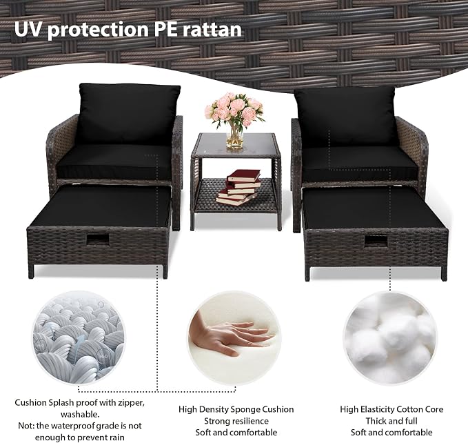 LEVELEVE Balcony Furniture 5 Piece Patio Conversation Set, PE Wicker Rattan - Image 6
