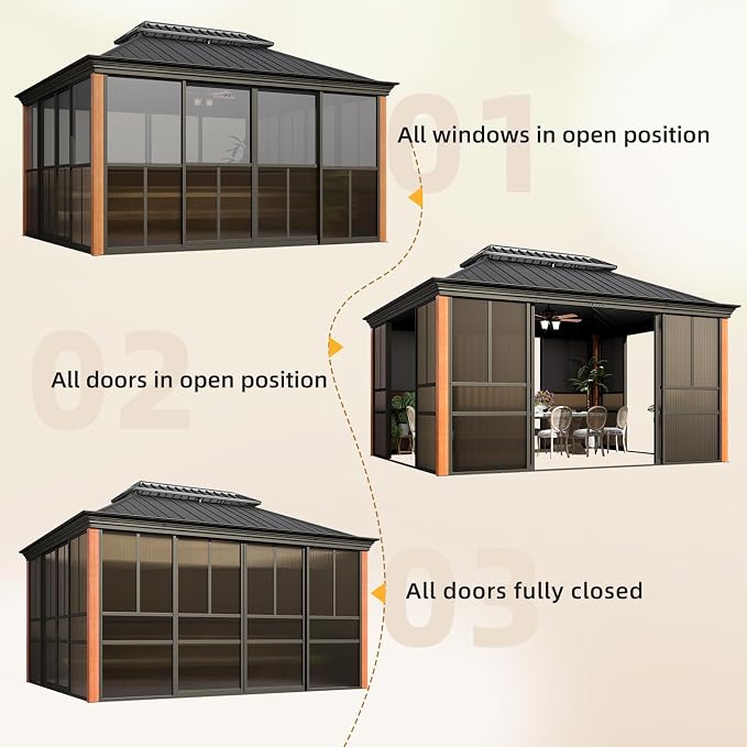EROMMY 12' X 14' Hardtop Sunroom, Galvanized Steel Double Roof Gazebo Solarium - Image 8