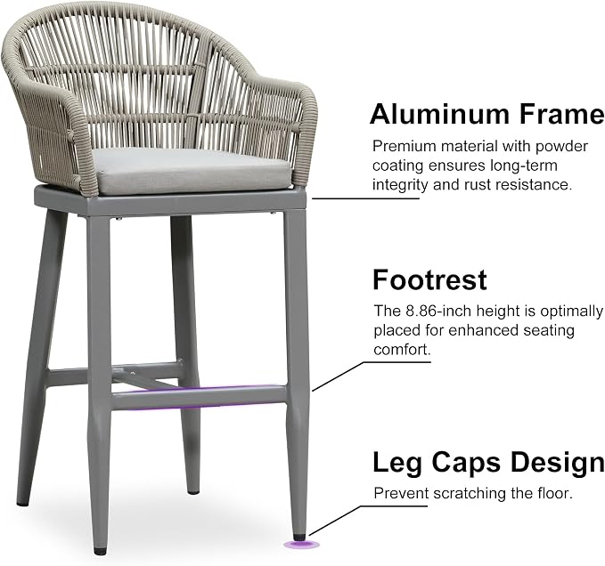 PURPLE LEAF Outdoor Bar Height Stools Set of 2 Patio Metal Modern Wicker Rattan - Image 5