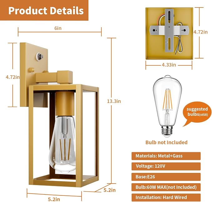 2 Pack Gold Dusk to Dawn Outdoor Front Porch Light Fixtures Wall Mount - Image 6