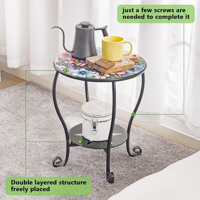 Outdoor Side Table Mosaic Patio Small End Table Metal Coffee Tea Accent Table - Image 4
