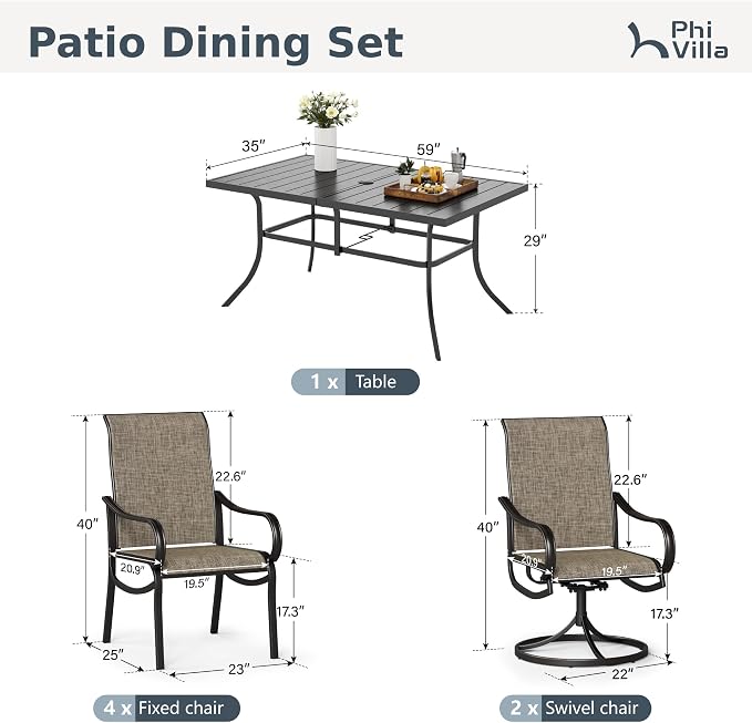 PHI VILLA Outdoor Dining Set for 6 Person, Rectangle Metal Slat Table - Image 9