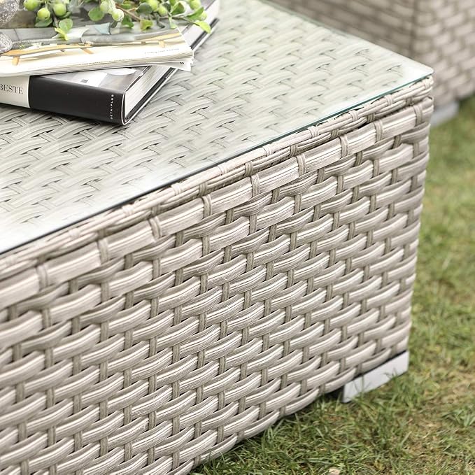 COSIEST Outdoor Furniture Warm Gray Wicker Glass-Top Coffee Table - Image 5