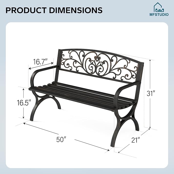 MFSTUDIO 50 Inches Outdoor Garden Bench, Cast Iron Metal Frame Patio Park Bench - Image 2