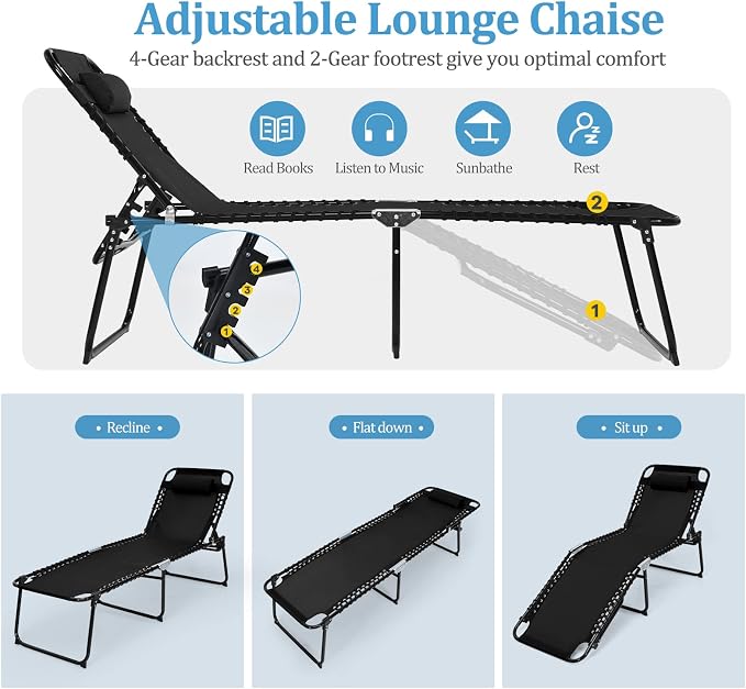 GYMAX Lounge Chairs for Outside, Extra High Folding Beach Tanning Lounger - Image 5