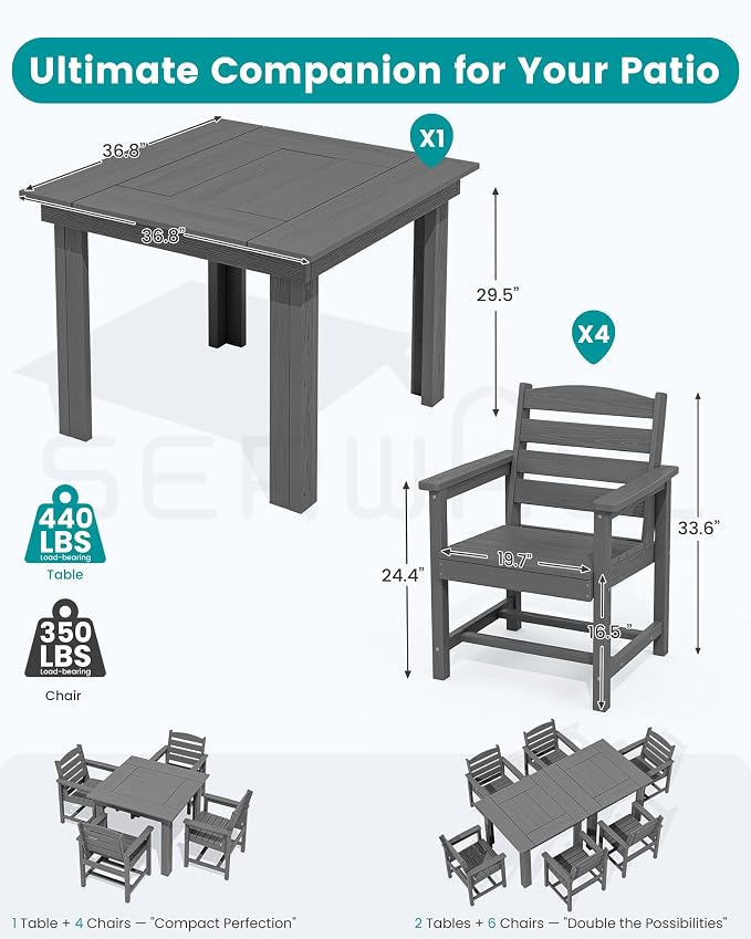 SERWALL Outdoor Dining Set for 4, HDPE Square Table and Chairs Set All Weather - Image 2