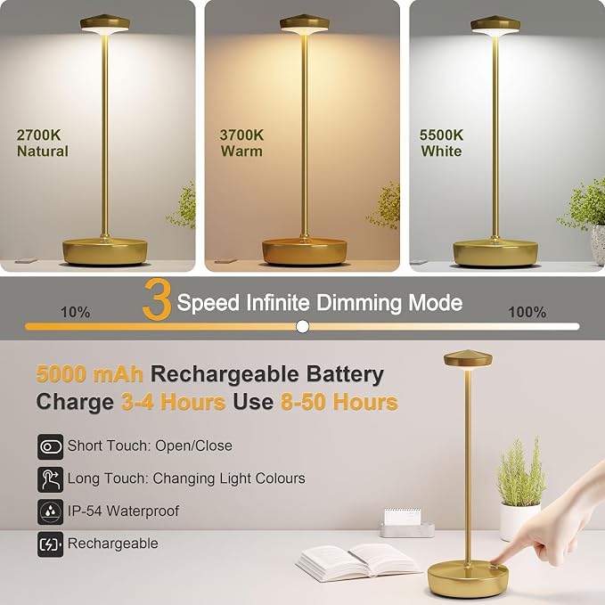 Rechargeable Cordless Table Lamps, 5000mAh LED Outdoor Table Light - Image 2