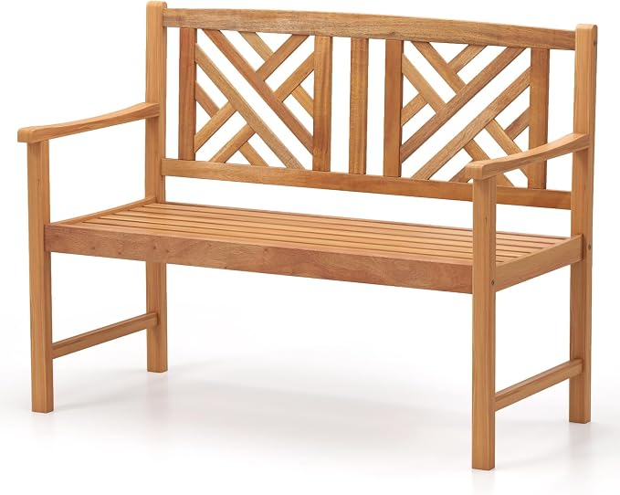 HAPPYGRILL Outdoor Wood Bench, 2-Seat Acacia Wood Loveseat Chair w/Slatted Seat by HAPPYGRILL