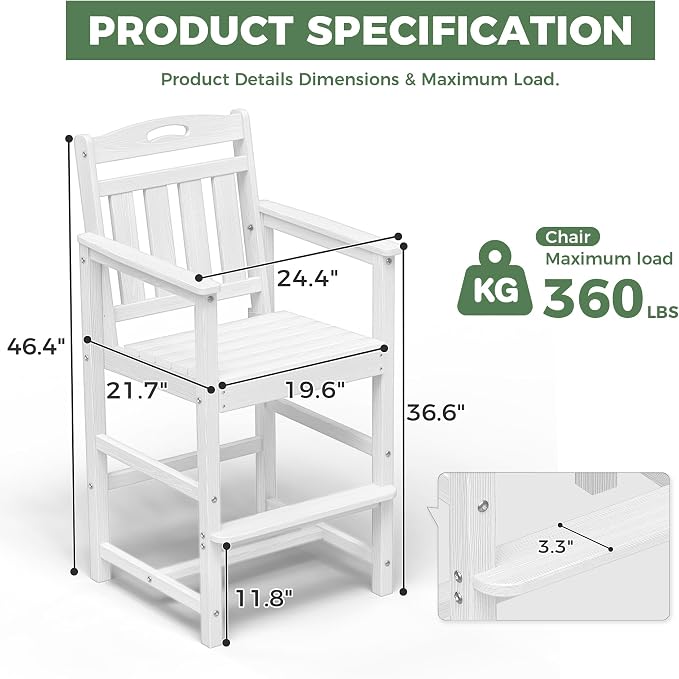 HDPE Outdoor Patio Tall Bar Chair, All-Weather Bar Height Balcony Adirondack - Image 4