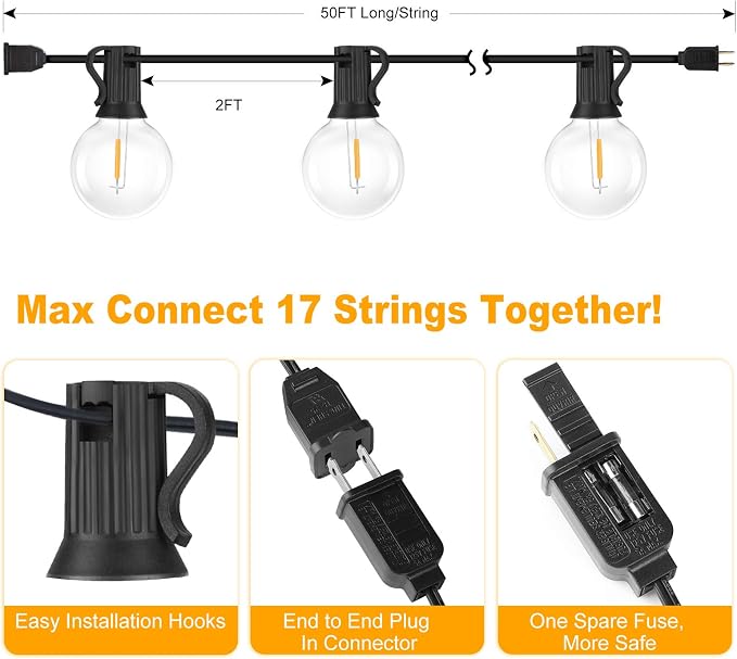 100ft 2-Pack Outdoor G40 LED Globe String Lights Dimmable Waterproof - Image 8