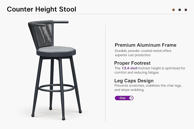 PURPLE LEAF Outdoor Swivel Bar Height Stools Set of 4 Metal Modern Wicker Bar - Image 8