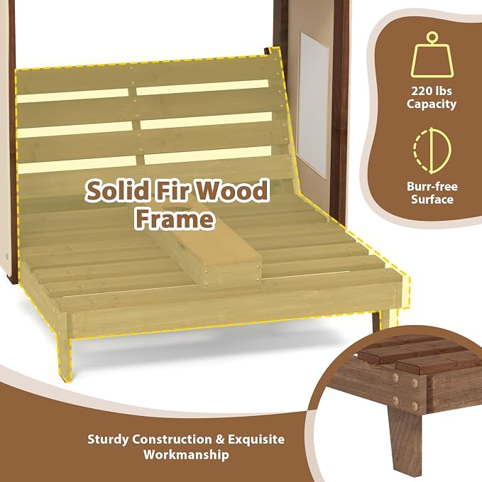 Costzon Kids Lounge Chair Outdoor, Wood Double Seat Chaise Lounge - Image 6