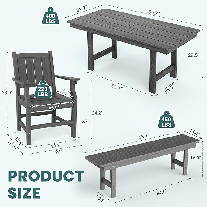 Pamapic 5 PCS Outdoor Dining Set, Spacious HDPE Outdoor Table and Chairs - Image 7