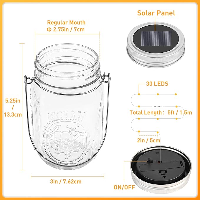 GIGALUMI Hanging Mason Jar Solar Lights, 6 Pack 30 Led Tinplate Lids Hanging - Image 7