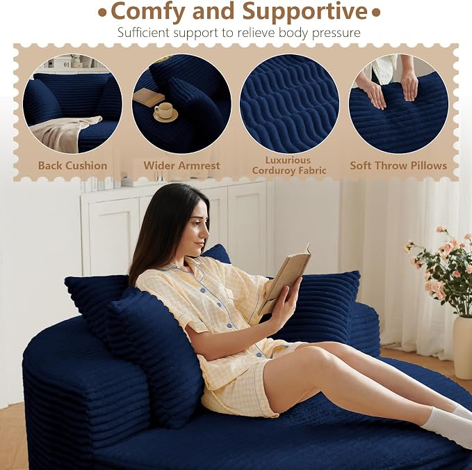 Oversized Round Chair Lounge Chaise Indoor, Upholstered Corduroy Deep Seat - Image 7