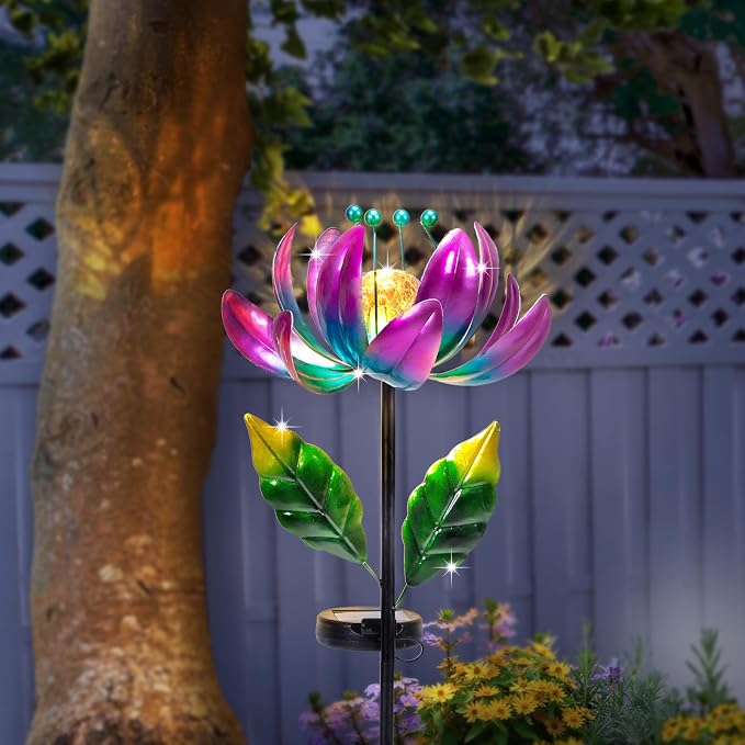 Solar Purple Metal Flower Wind Spinners, Colorful Spinning Windmill Lotus Yard - Image 8