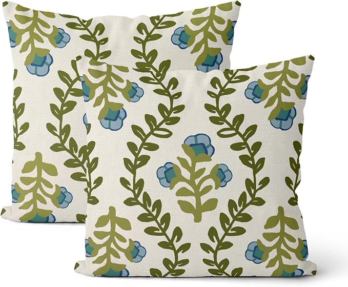Sage Green Boho Pillow Covers 16x16 Inch 2 Pcs Blue Green Floral Leaves Decor by DAFENA