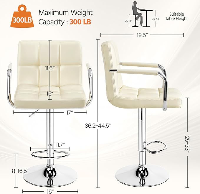 Yaheetech Bar Stools Set of 2, PU Leather Adjustable Swivel Barstools, - Image 3