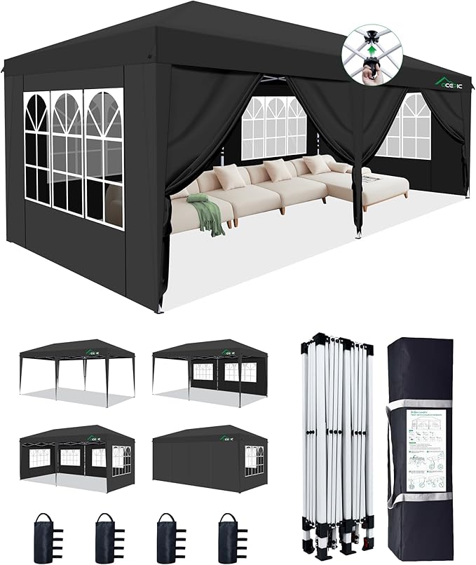 10x20 Pop Up Canopy with 6 Removable Sidewalls, 2 Central Lock Easy Set-up by ACEPICOutdoor