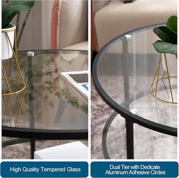 VINGLI Glass Coffee Table, 2-Tier Clear Glass Top Side Table - Image 4