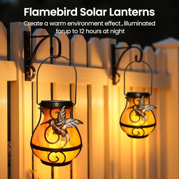 2 Pack Solar Lanterns Outdoor Waterproof, Hanging Hummingbird Flickering Flame - Image 4