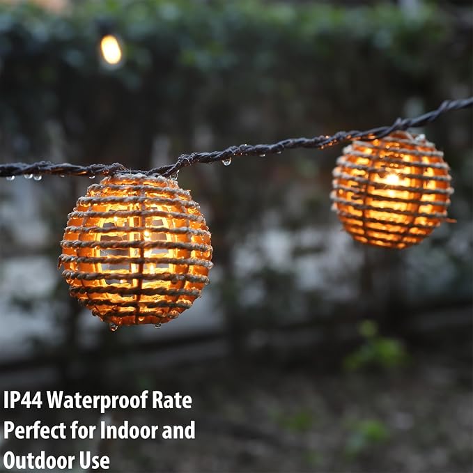 Decorative Outdoor Patio String Lights, Seagrass Rattan Wire Ball Style Lantern - Image 6