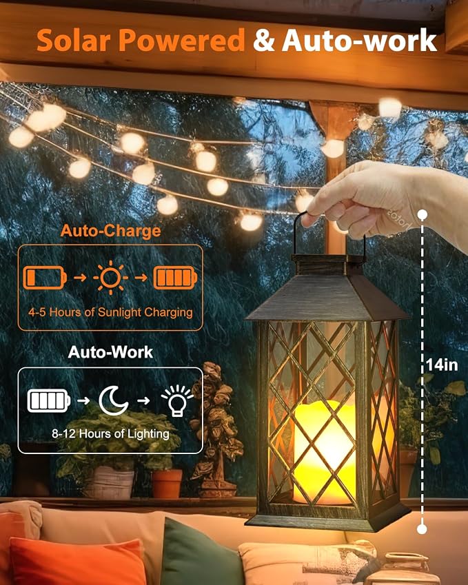 Otdair Solar Lanterns Outdoor Waterproof, 2 Pack 14" Solar Lantern - Image 2