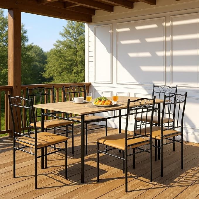 Homy Casa Outdoor Patio Dining Set, 7-Piece Table & Chairs, Wood Grain Top & - Image 4