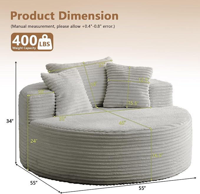 Oversized Round Chair Lounge Chaise Indoor, Upholstered Corduroy Deep Seat - Image 2