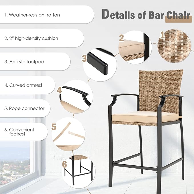 Tangkula Patio Rattan Bar Stools Set of 4, Outdoor Wicker Bar Height Chairs - Image 6