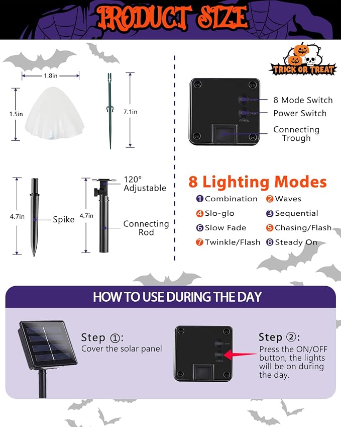 OZS 2PK 55FT 32LED Halloween Orange Purple and Green Solar Mushroom Lights - Image 6