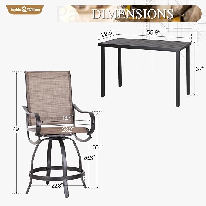 Sophia & William Outdoor Bar Set, Patio Bar Table and Chairs Set, Counter - Image 7