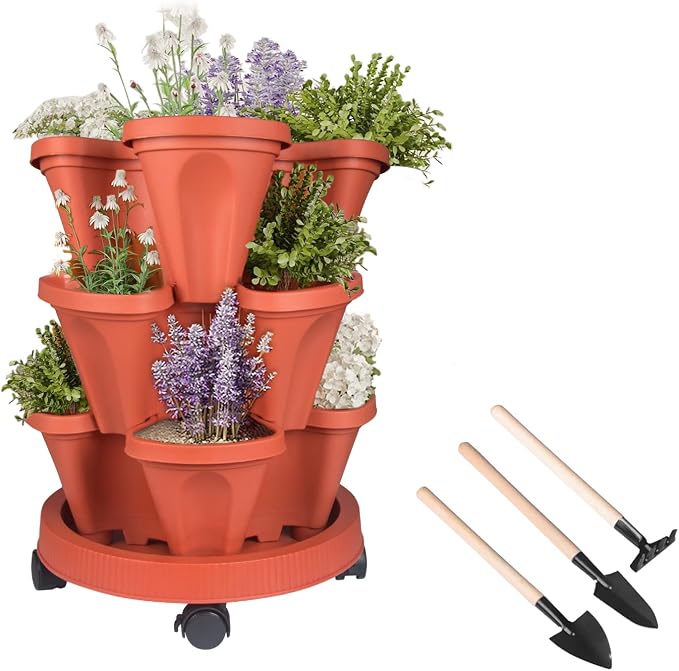 DUNCHATY Stackable Planters 3 Tier Vertical Garden Planting Tower Planters by DUNCHATY