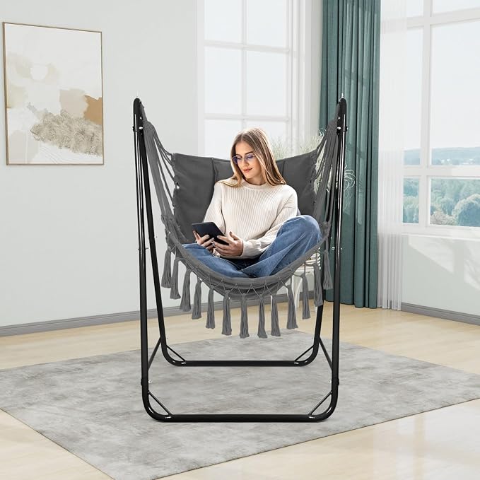 Hammock Chair with U Shape Stand, Cotton Swing Chair with Side Pocket, - Image 2