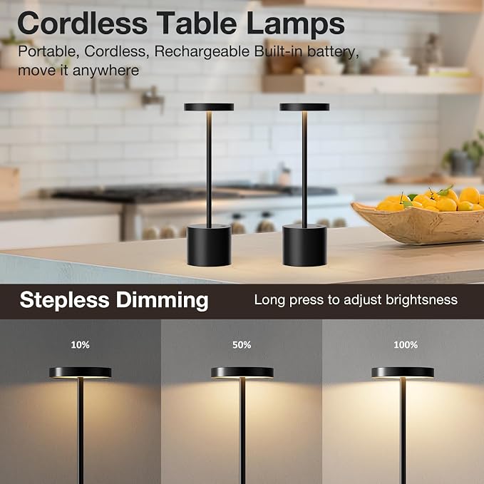 Black Cordless Table Lamp, 4000mAh Rechargeable Battery Powered Lamps, 3 Color - Image 6