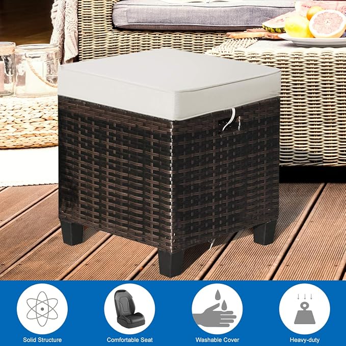Tangkula 2 Pieces Outdoor Patio Ottoman, All Weather Rattan Wicker Ottoman Seat - Image 9