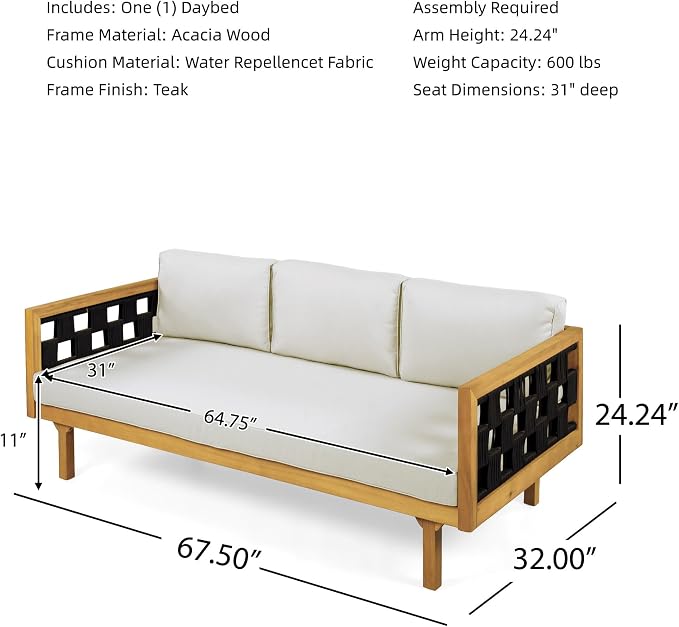 Merax Outdoor 3 Seater Daybed, Acacia Wood Patio Day Bed Couch Sofa - Image 2
