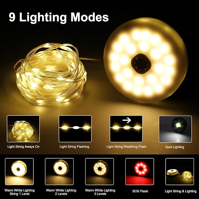 SMY Lighting 3 in 1 Camping String Light Rechargeable, Warm White Portable - Image 3