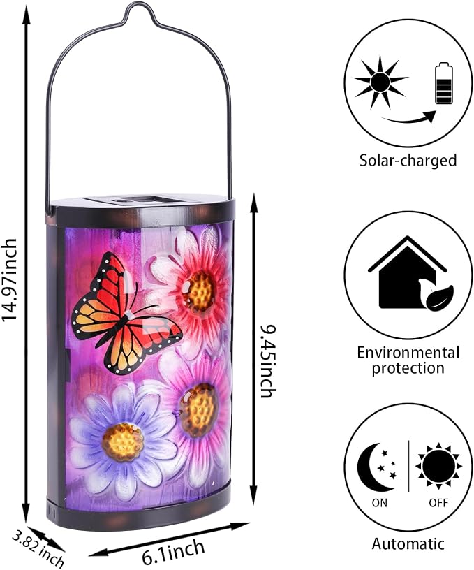 Hanging Solar Lantern Outdoor Waterproof Flowers Butterfly Solar Lights Glass - Image 2