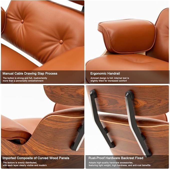 Top Grain Leather, Mid Century Chaise Lounge Chair and Ottoman, Modern Chair - Image 6